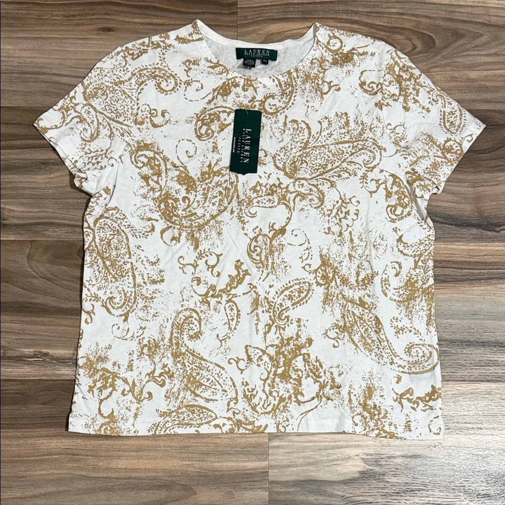 Lauren Ralph Lauren White Gold Paisley S/S T-Shirt Women's Sz. PL Petite